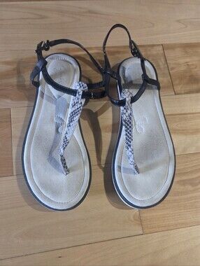 Clarks Black Strappy Sandals with White Snake-Print T-Strap